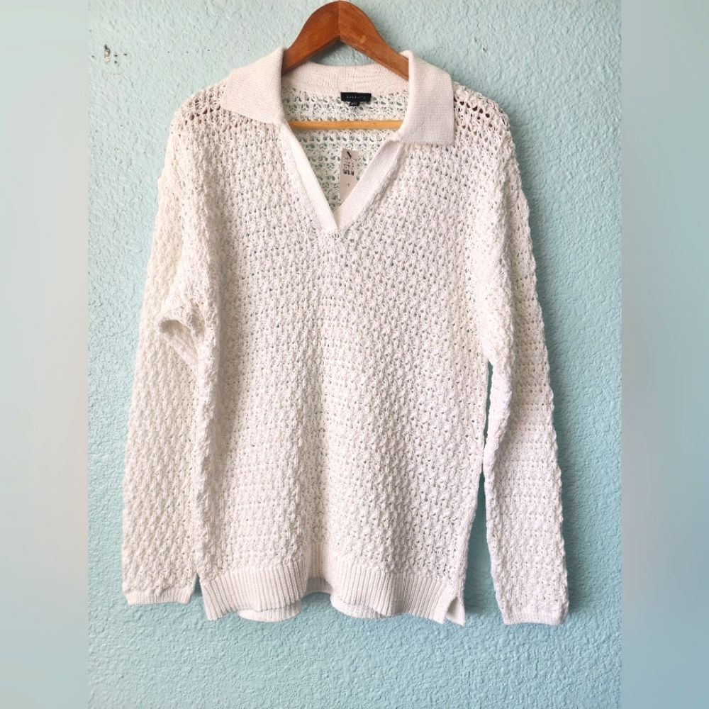 Talbots Coastal White V-Neck Sweater with Textured Knit New With Tags